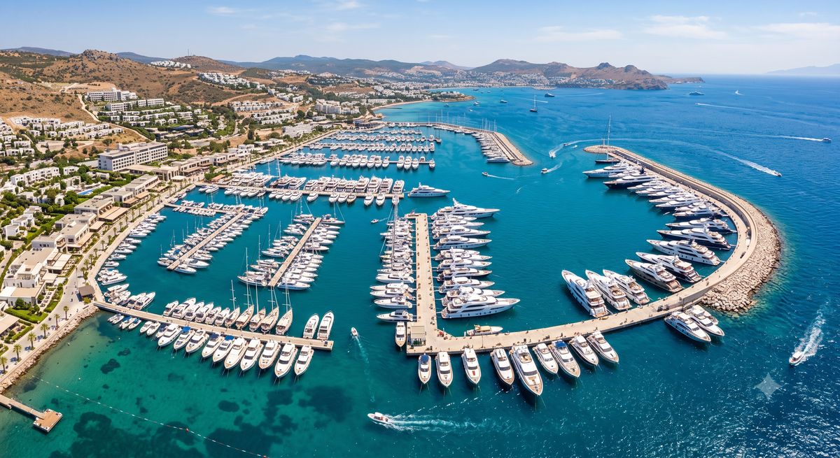 Aerial drone view of a superyacht marina