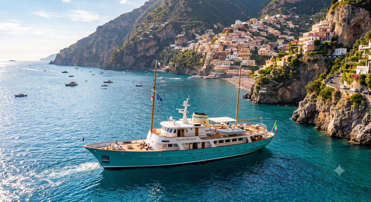 Classic yacht at anchor off the coast