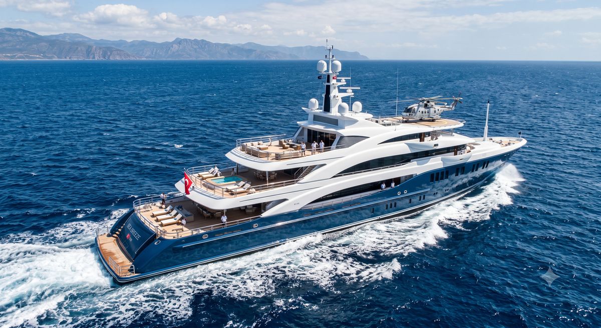 Motoryacht underway with helideck